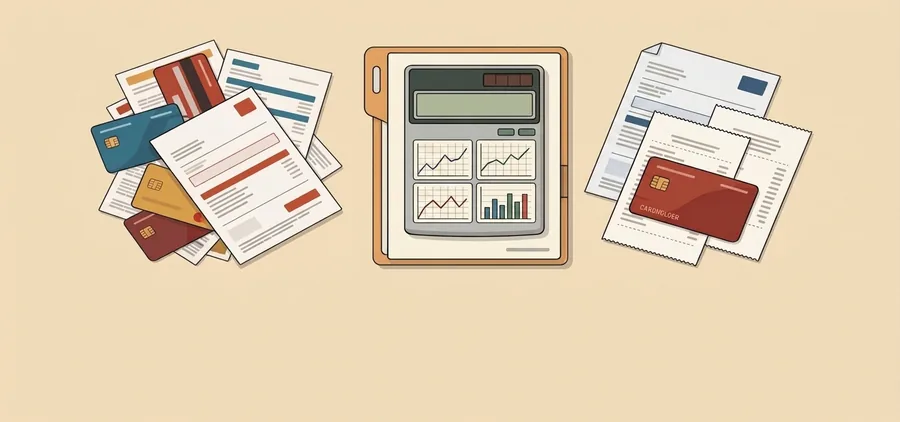 Tarjetas de crédito, estados de cuenta y una calculadora sobre una mesa, al evaluar consolidar deudas caras