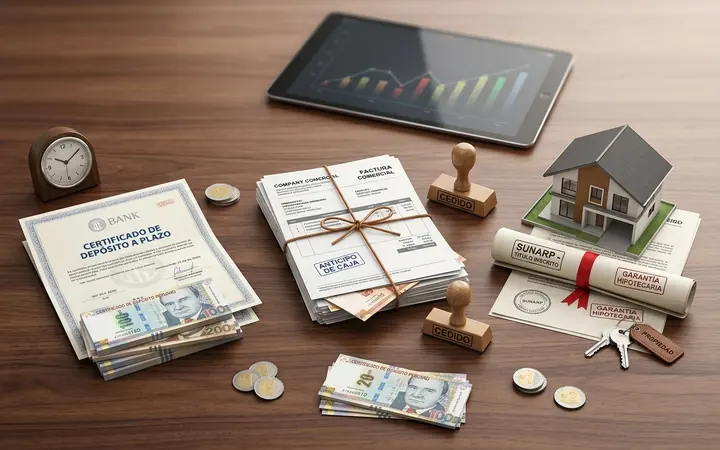 Certificados de depósito a plazo, billetes y una maqueta de vivienda, al comparar dónde colocar el capital