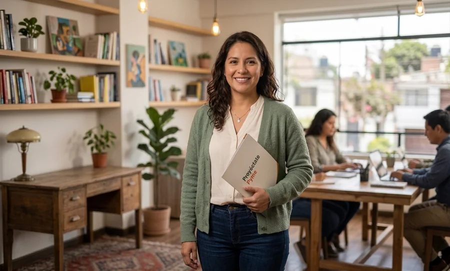 Emprendedora con su expediente de Proyéctate Pyme antes de la firma en notaría