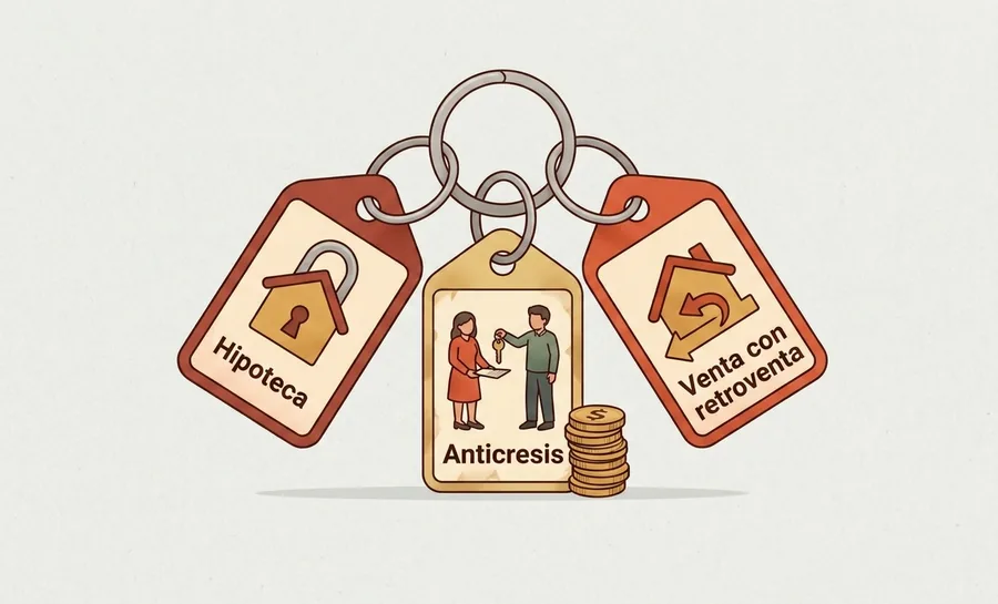 Tres llaveros rotulados hipoteca, anticresis y venta con retroventa, las tres formas de obtener dinero con un inmueble